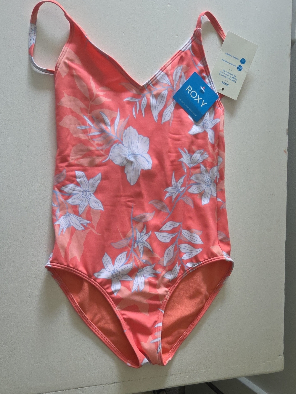 Roxy Girls Coral Floral One-Piece Swimsuit with White Flowers